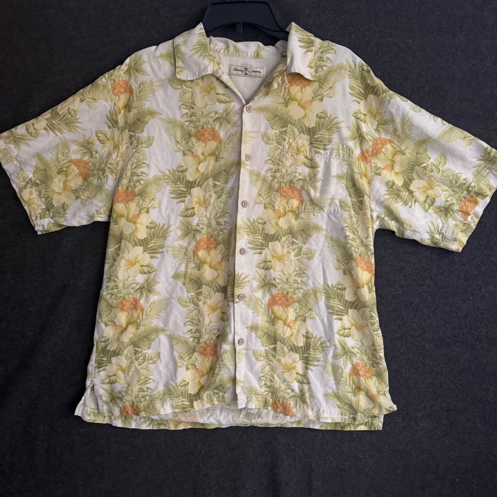 Tommy Bahama‎ Mens Large Silk Pineapple Hibiscus Tropical Camp Shirt button down